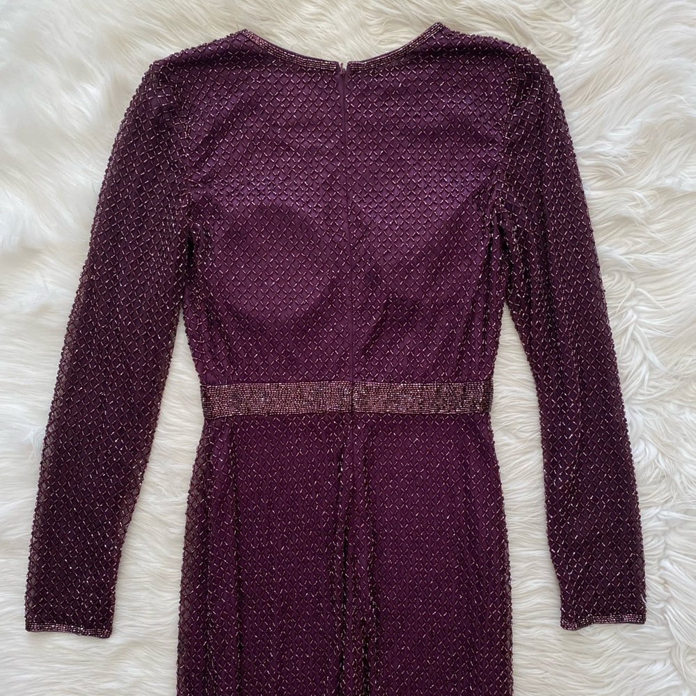 Mac Duggal Purple Plum Lattice Beaded Long Sleeve Modest Formal Midi Dress - Picture 11 of 16